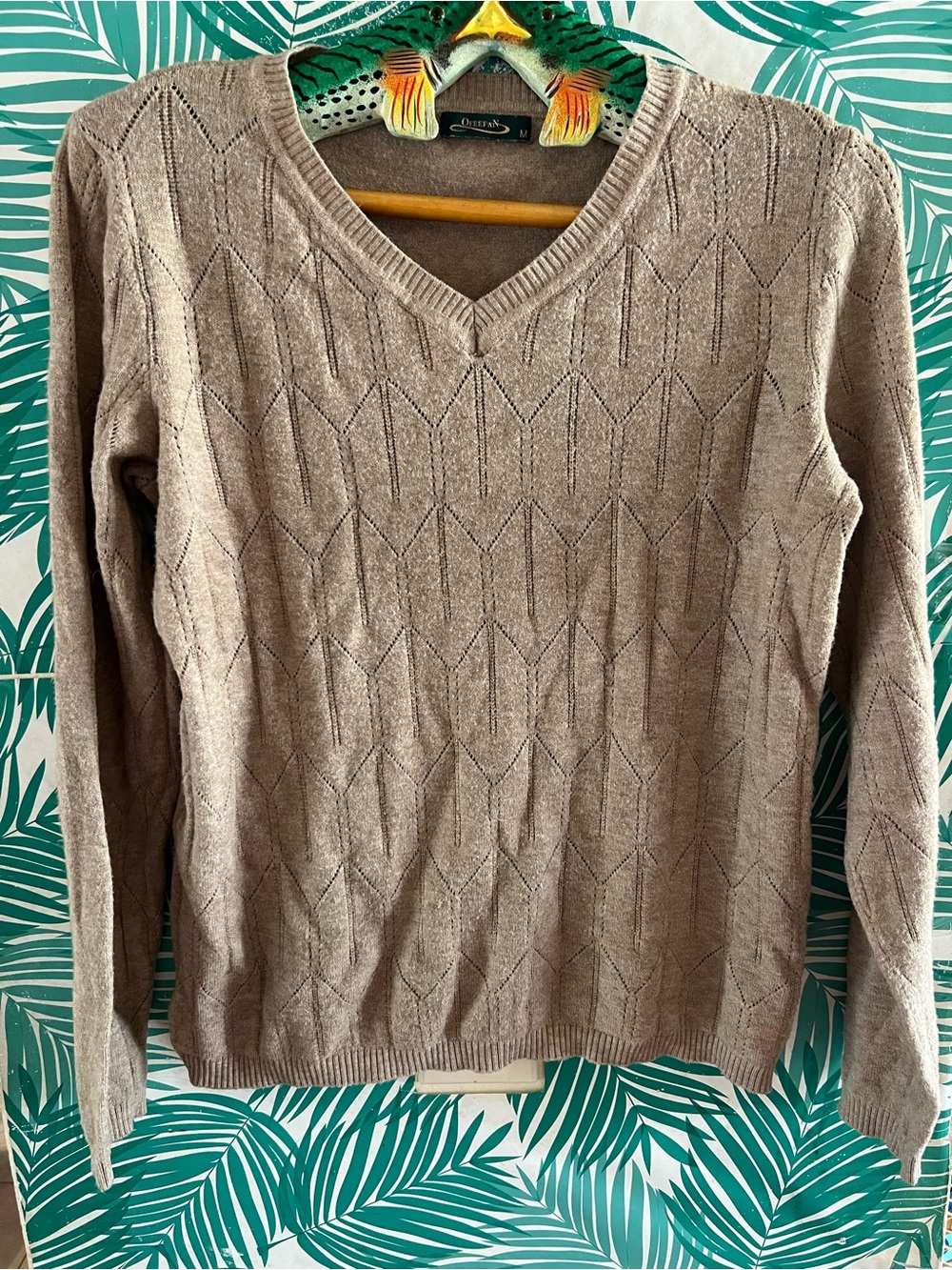Ofeefan Taupe V-Neck Geometric pointelle Knit Sweater Sz M